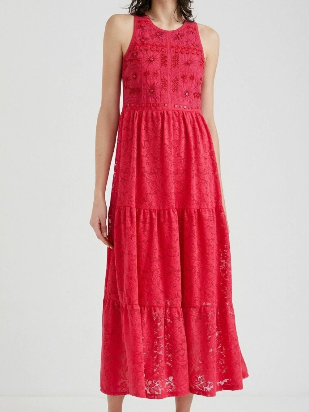 Desigual Hot Pink Sleeveless Embroidered Maxi Dress